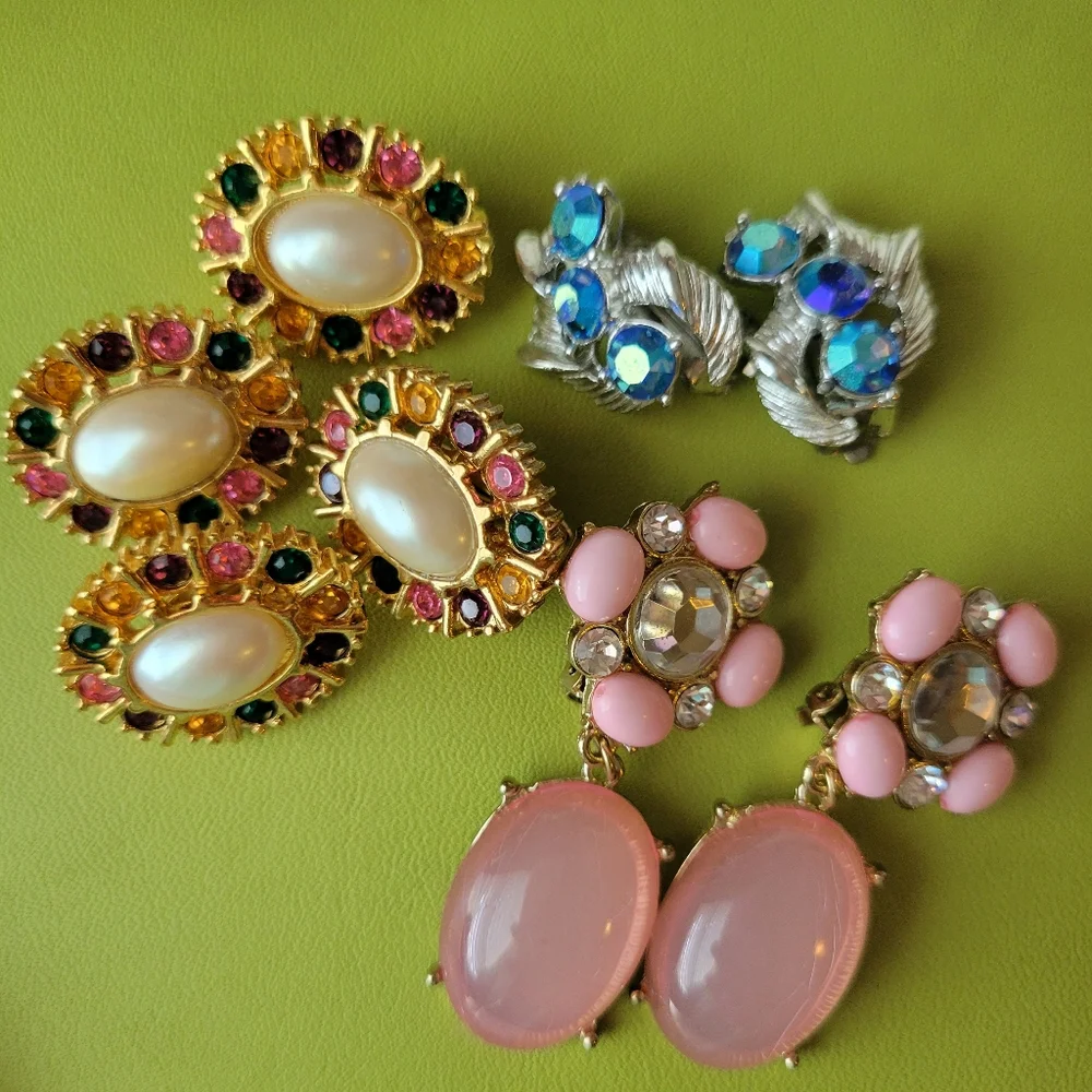 Contemporary Clip-On Earrings ~ 4pr ~ Rhinestones ~ Craft ~ Re-purpose ~ Upcycle